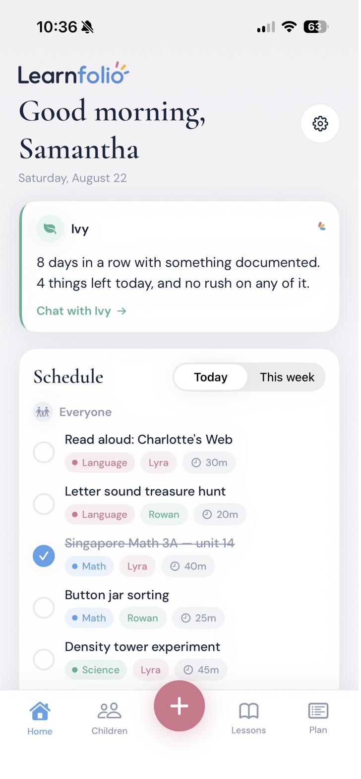 Learnfolio home dashboard with Ivy's daily brief