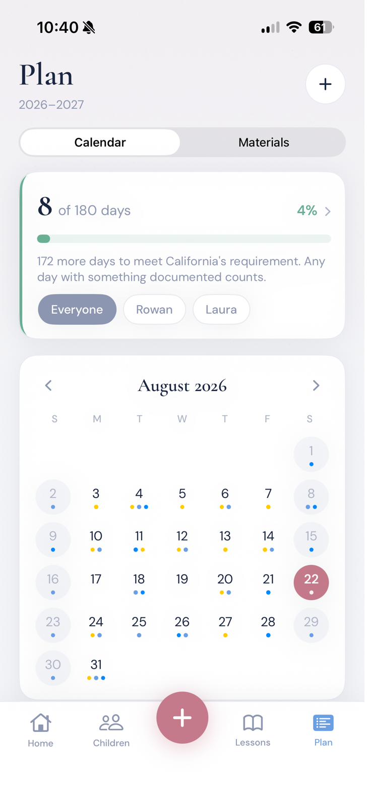 Plan tab showing attendance day counter and calendar