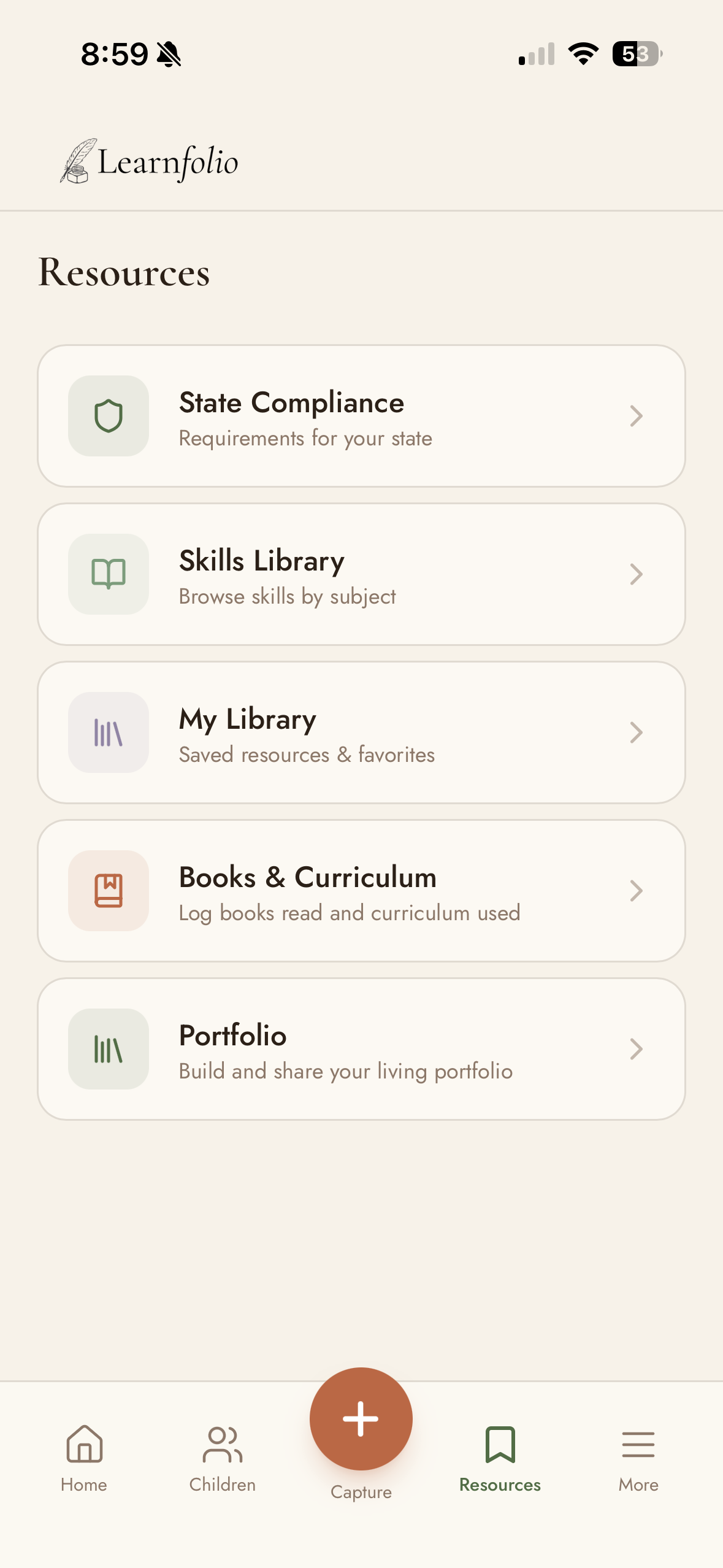 Learnfolio resources screen